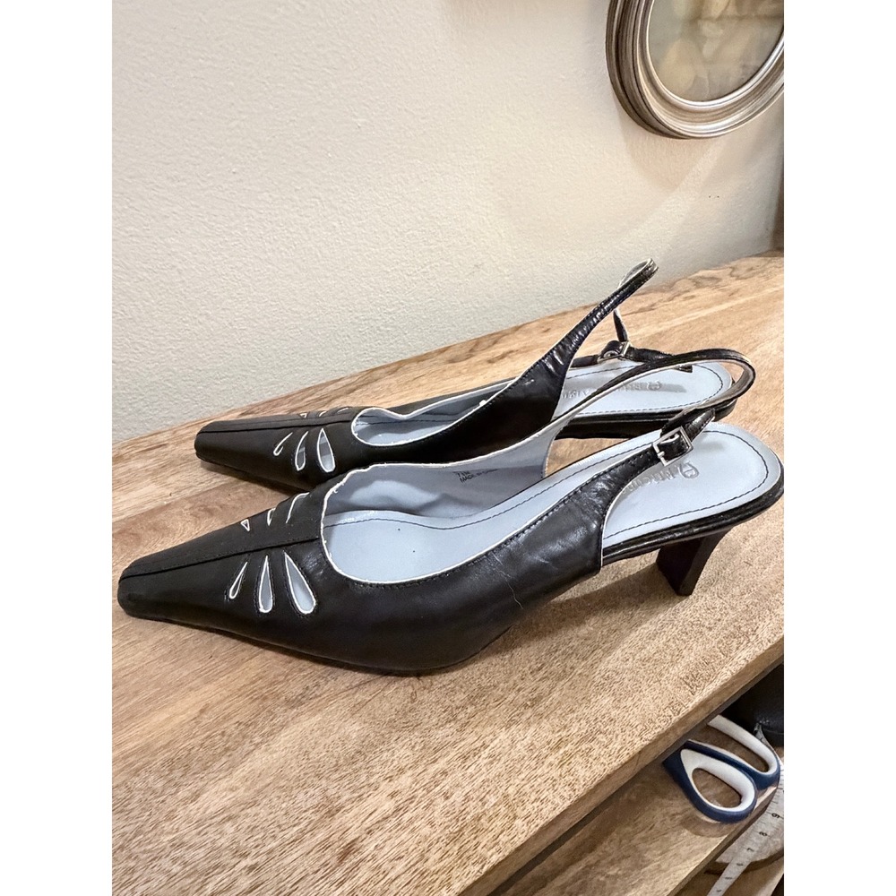 Etienne Aigner Black Leather Laser Cut‎ Slingback Kitten Heels 7.5